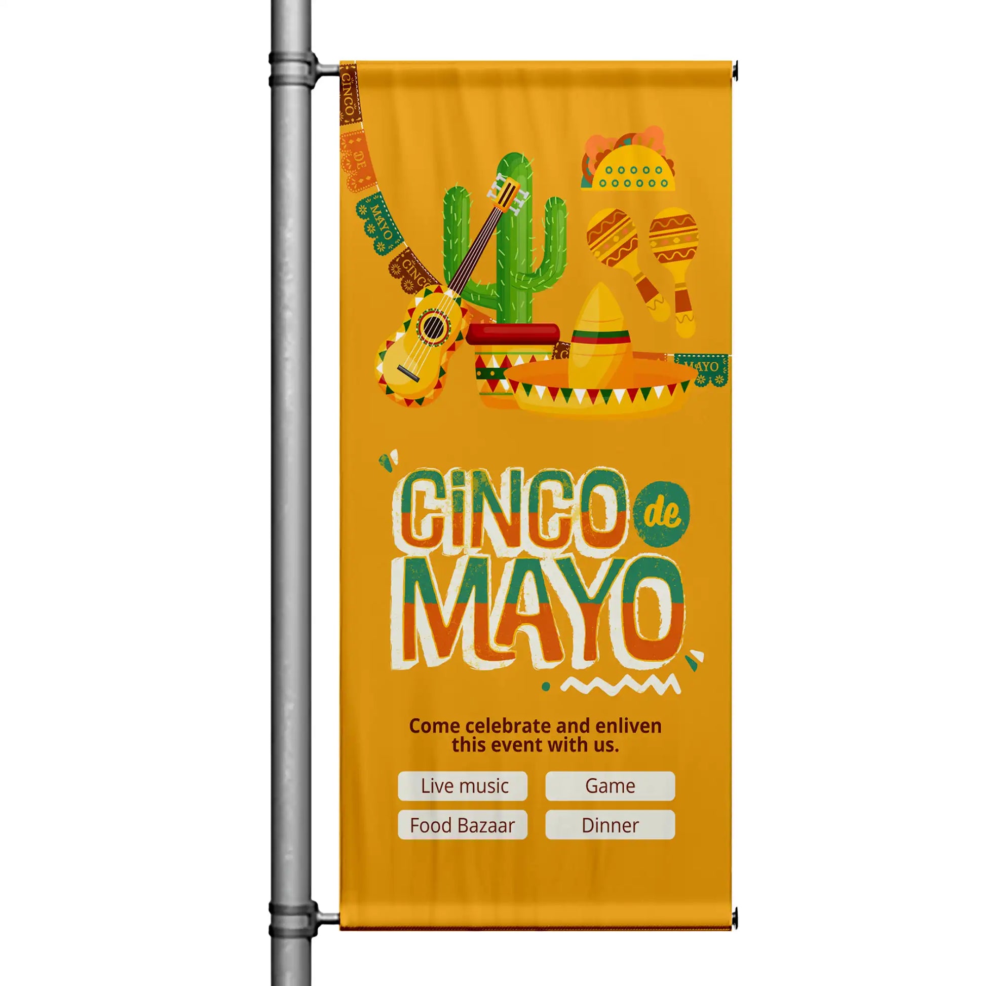 Cinco de Mayo illustrated pole banner with orange background featuring guitar, cactus, sombrero, maracas, and festive Mexican-inspired artwork