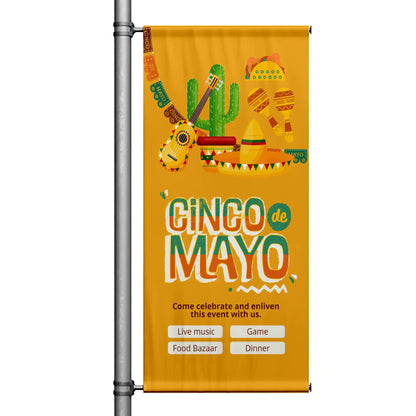Cinco de Mayo illustrated pole banner with orange background featuring guitar, cactus, sombrero, maracas, and festive Mexican-inspired artwork