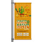 Cinco de Mayo illustrated pole banner with orange background featuring guitar, cactus, sombrero, maracas, and festive Mexican-inspired artwork