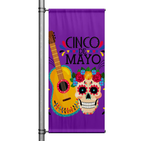 Cinco de Mayo pole banner featuring purple background with colorful guitar and floral sugar skull artwork