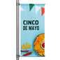 Cinco de Mayo pole banner with tortilla chips, salsa, chili peppers, and festive pennant design on light blue background