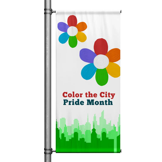Color the City Pride Month pole banner featuring colorful flower graphics and city skyline design on white background