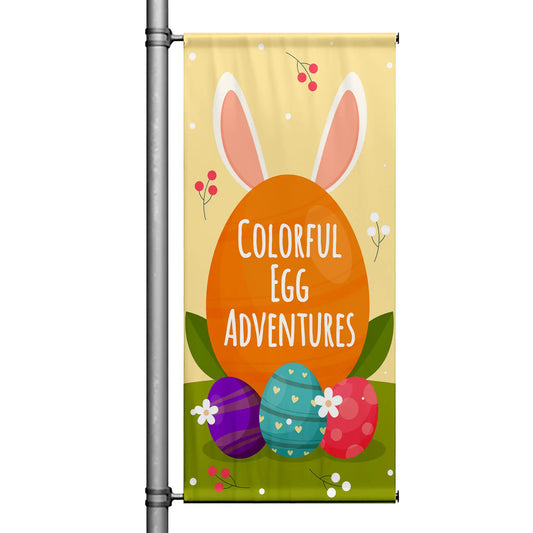 Colorful Egg Adventures Easter pole banner featuring bunny ears, a large decorated egg, and bright spring colors