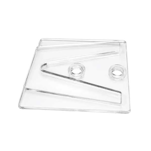 Close-up of a clear C9/C7 parapet light clip base with two screw holes and raised channels on a white background.