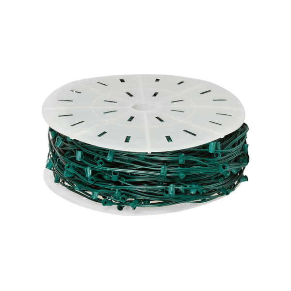 White plastic reel holding 250 feet of green C7 socket wire with 6-inch spacing, photographed on a white background.