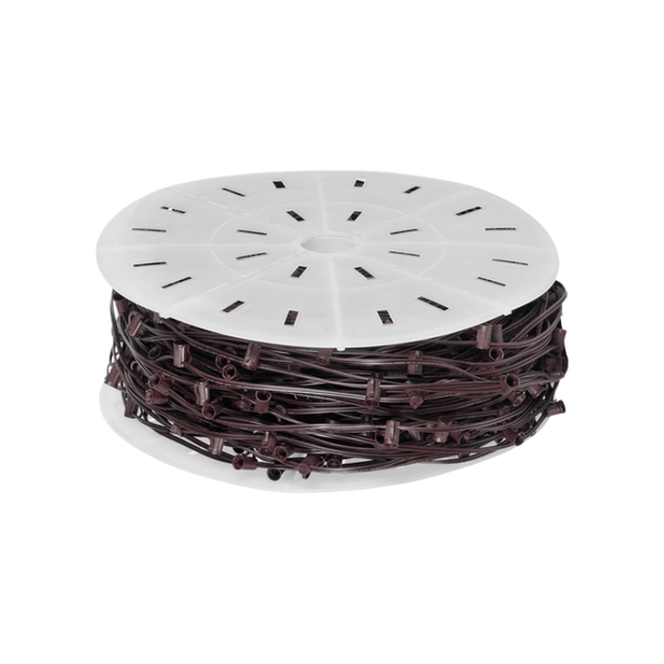 White reel holding 500 feet of brown C9 socket wire with 12-inch spacing, photographed on a plain white background.