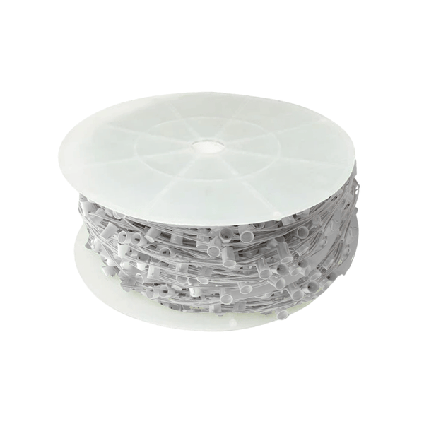 White reel holding 500 feet of white C9 socket wire with 15-inch spacing, photographed against a plain white background.