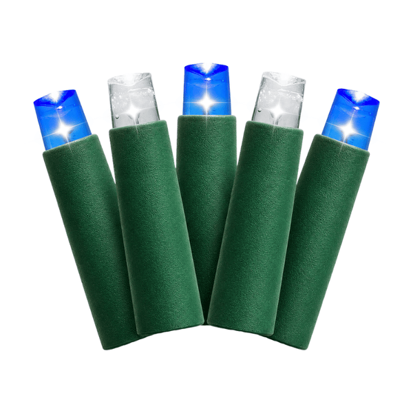 Five blue and cool white 5mm wide-angle LED mini-light bulbs in dark green sockets fan out on a white background.