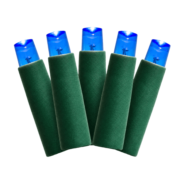 Five blue 5mm LED mini lights with wide-angle concave lenses and green wire displayed in a fan shape on white.