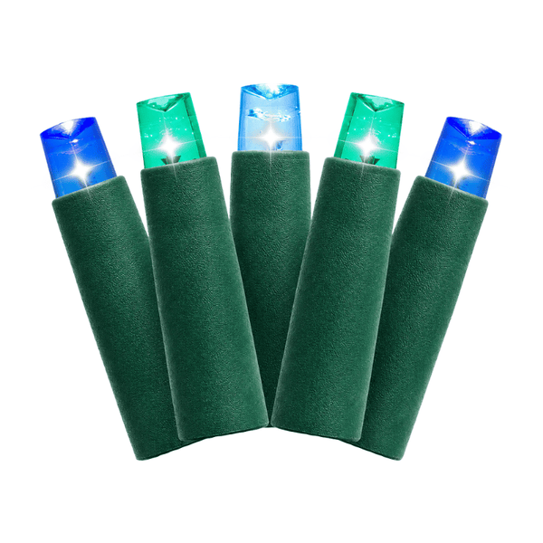 Five blue, teal, and aqua 5mm wide-angle LED mini-light bulbs in dark green sockets fan out on a white background.