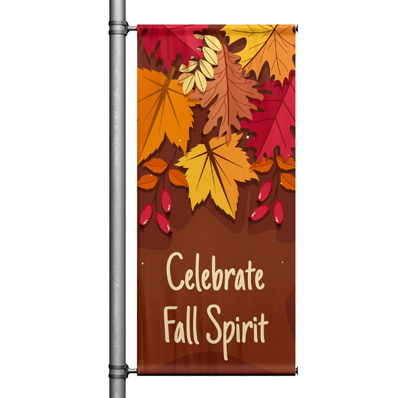Celebrate Fall Spirit pole banner featuring layered red, orange, and gold autumn leaves over a rich burgundy background.