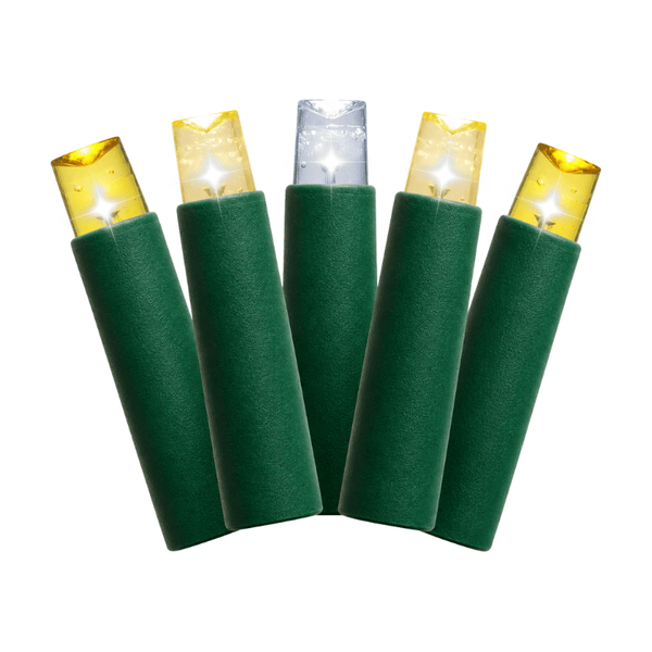 Close-up of five gold, warm white, and cool white 5mm concave LED bulbs in green sockets on a white background.