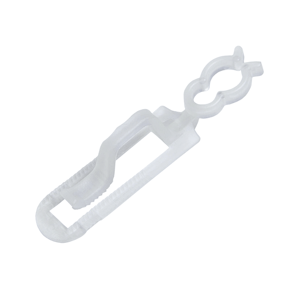 Close-up of a clear gutter light clip with an adjustable grip and dual socket holder, isolated on a white background.