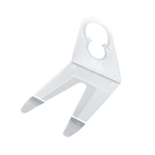 White C9/C7 parapet clip with a dual-size socket opening and forked stabilizer tabs, isolated on a white background.