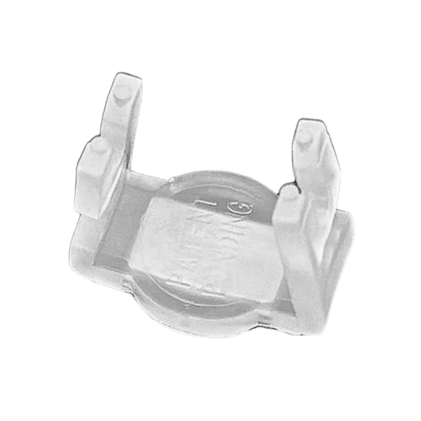 Close-up of a white C9 magnetic light clip with a round metal base and upright grooves, isolated on a white background.