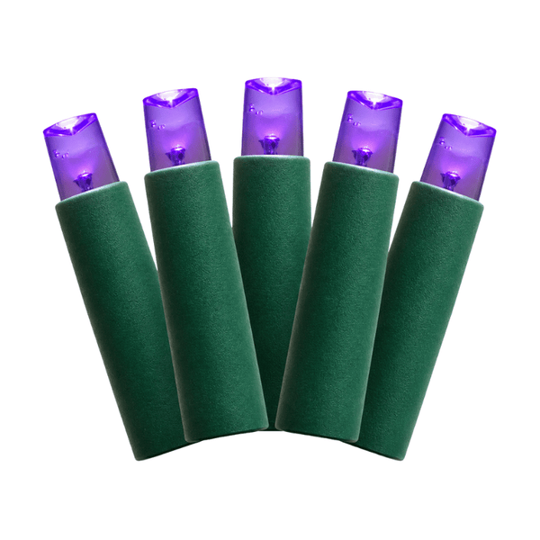 Five purple 5mm LED mini lights with wide-angle concave lenses and green sockets arranged in a fan on white.