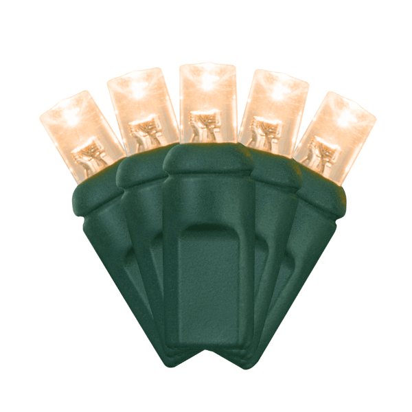 Close-up of five soft white 5 mm wide-angle LED mini bulbs in dark green sockets against a clean white background.