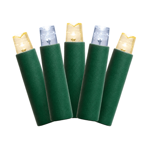 Five alternating warm and cool white 5mm LED mini lights with concave lenses and green sockets fan across a white background.