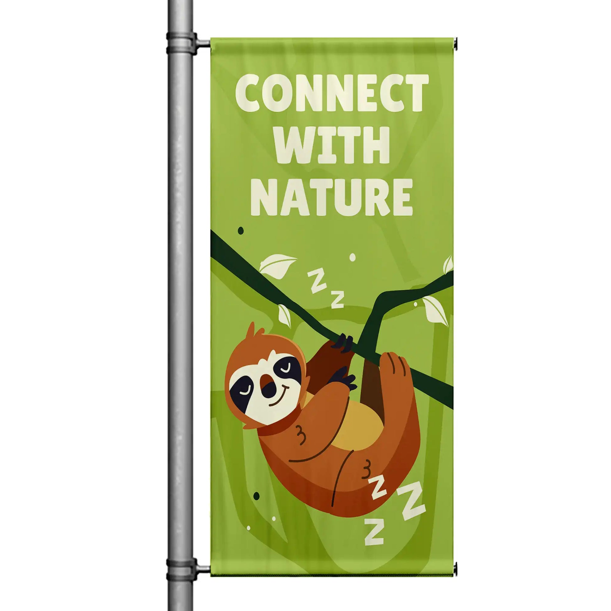 Connect With Nature green street pole banner featuring sleeping sloth on tree branch