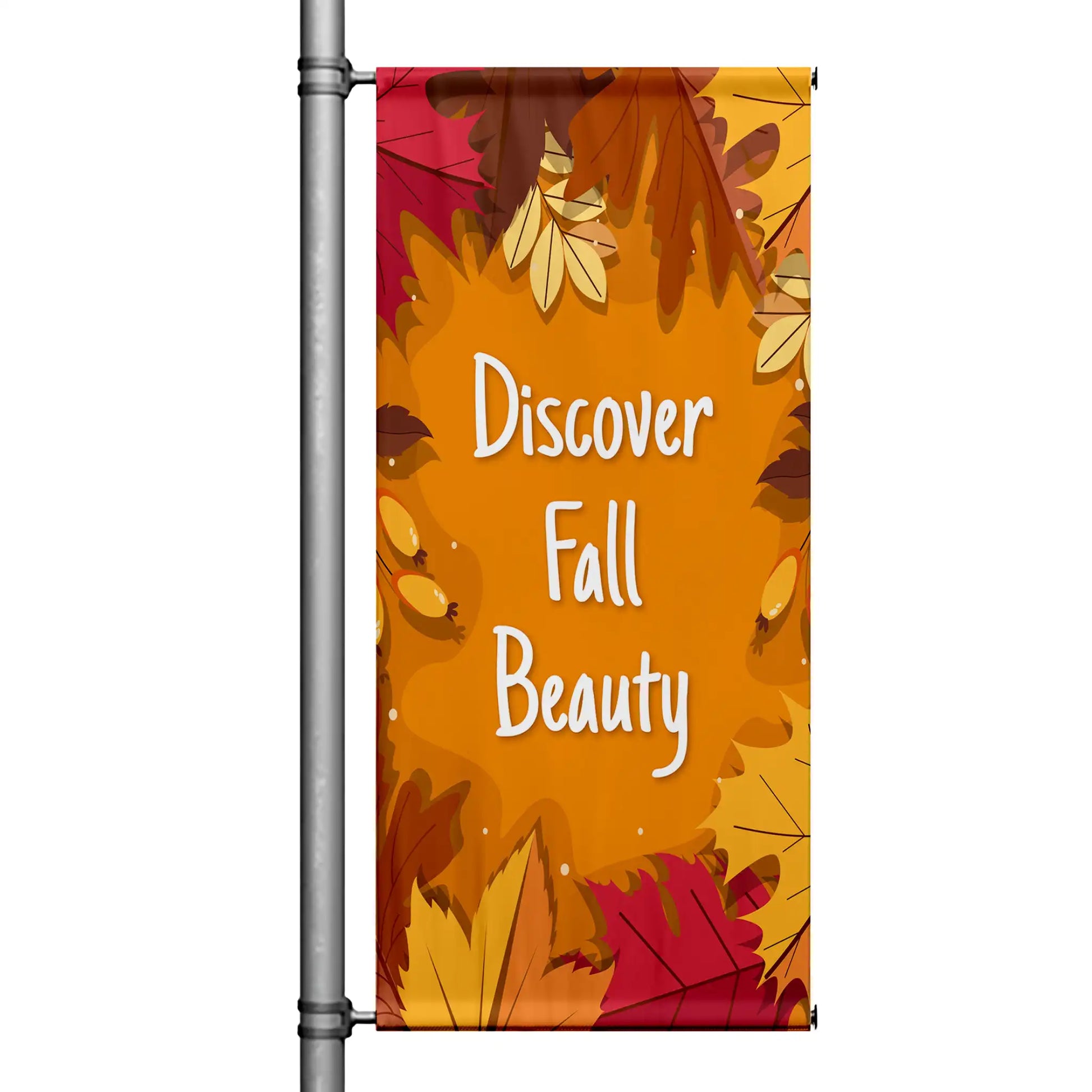 Discover Fall Beauty fall pole banner with warm orange background, layered autumn leaves, and seasonal harvest accents
