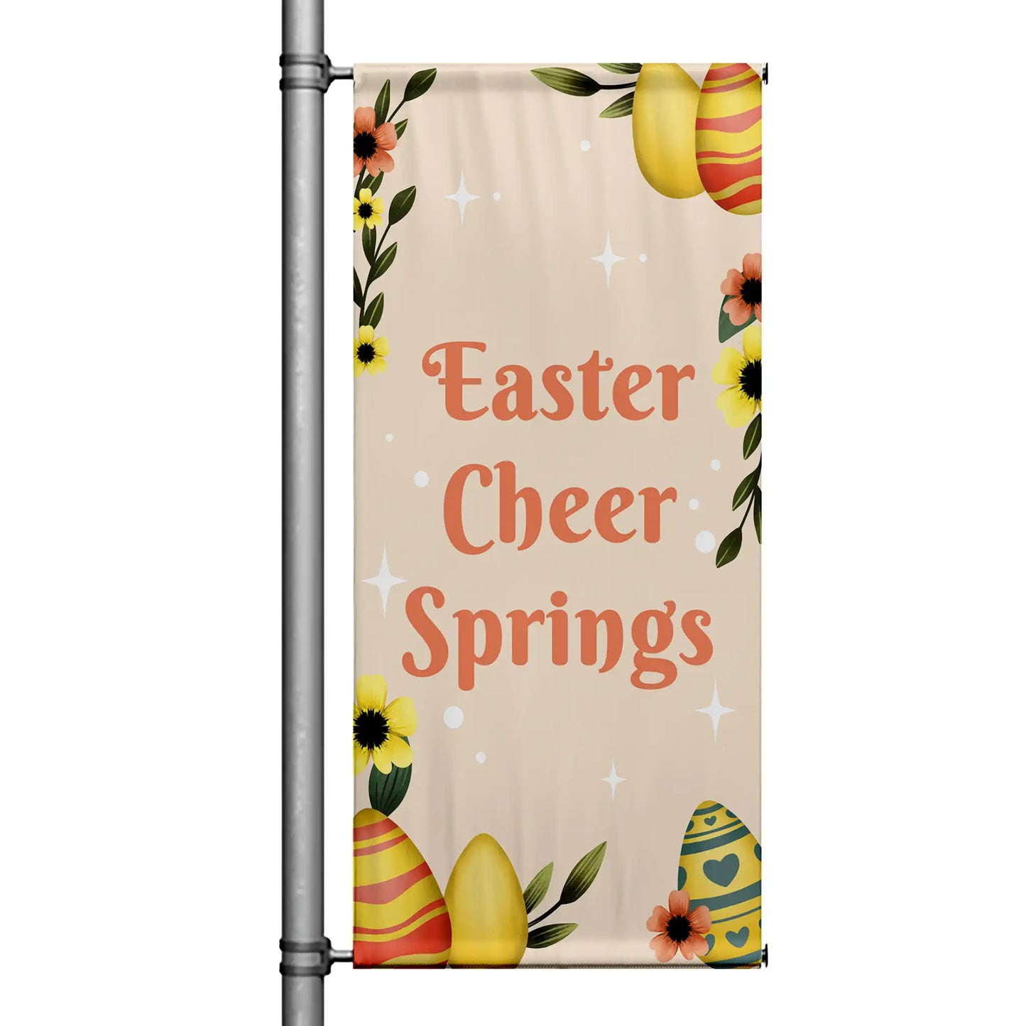 Easter Cheer Springs Easter pole banner with cream background, floral accents, decorative Easter eggs, and soft spring color palette