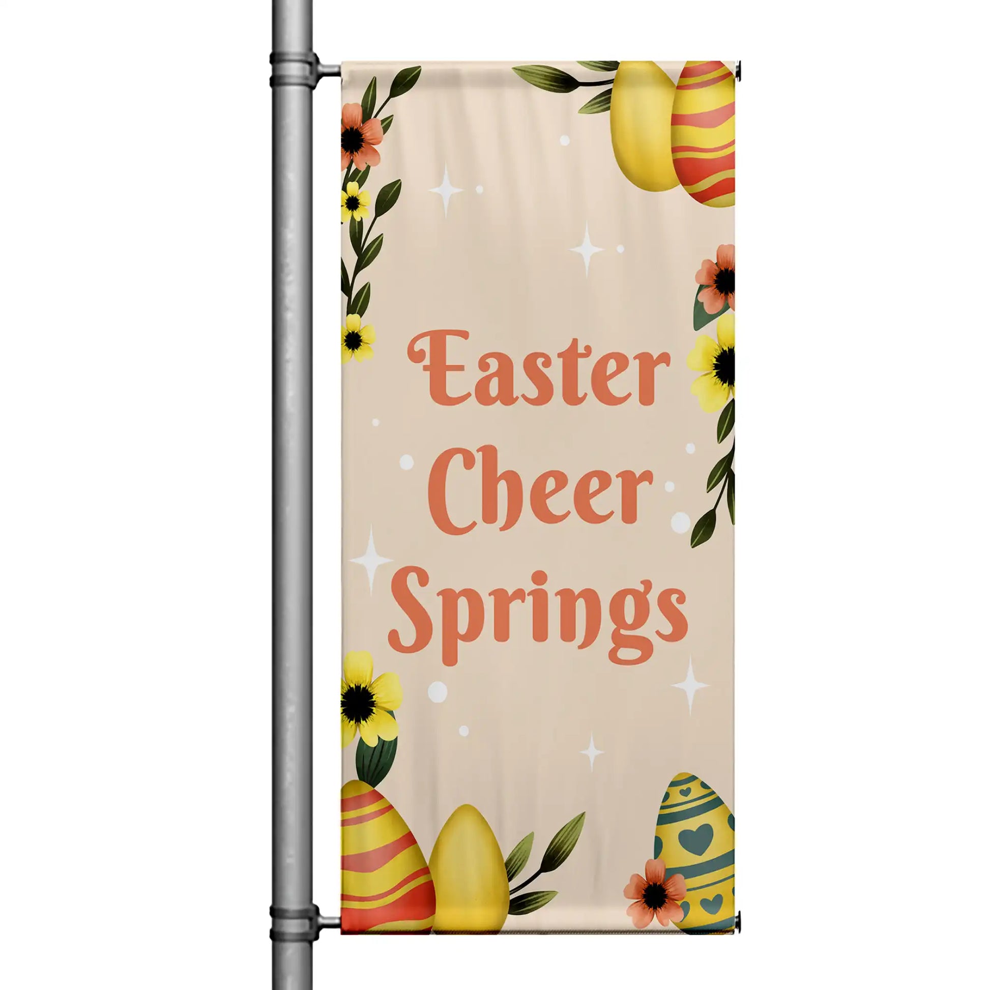 Easter Cheer Springs Easter pole banner with cream background, floral accents, decorative Easter eggs, and soft spring color palette