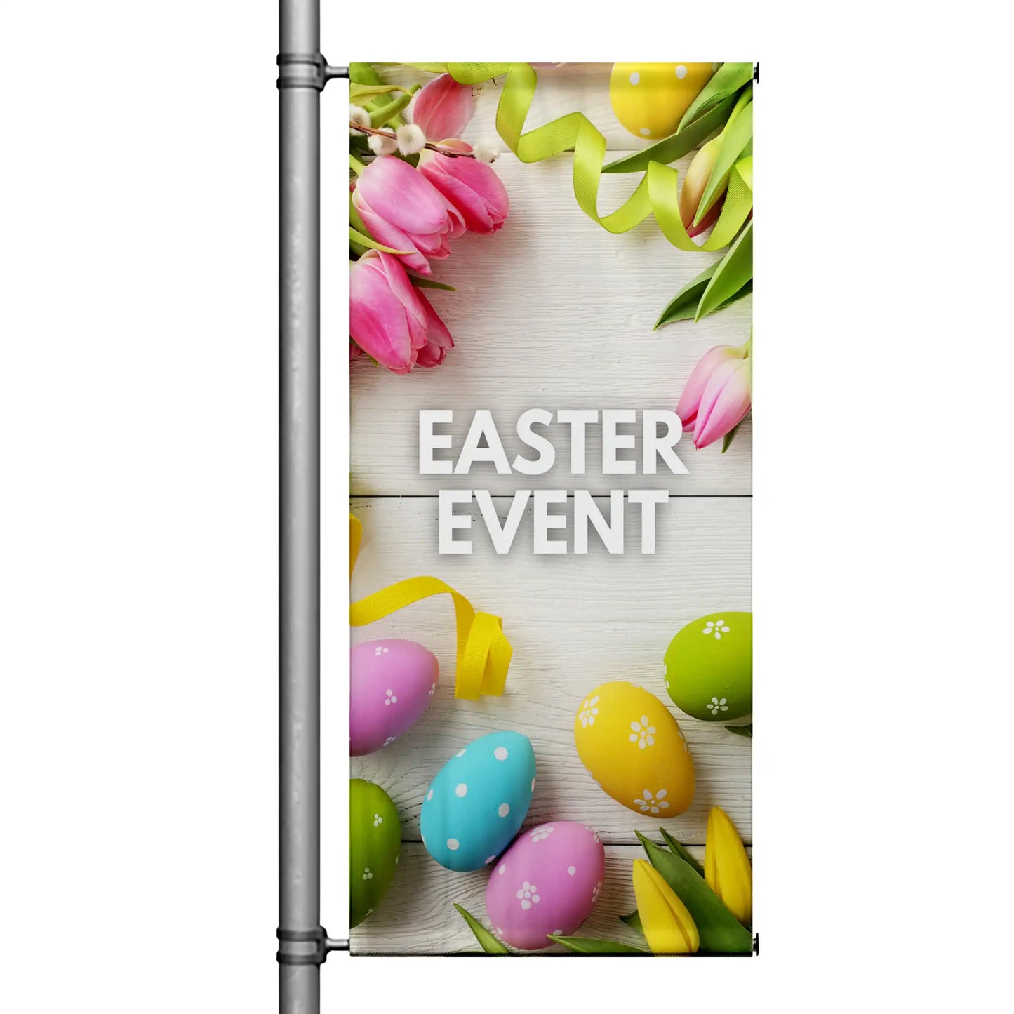 Easter Super Sale pole banner featuring cheerful bunny, colorful Easter eggs, and bright spring background