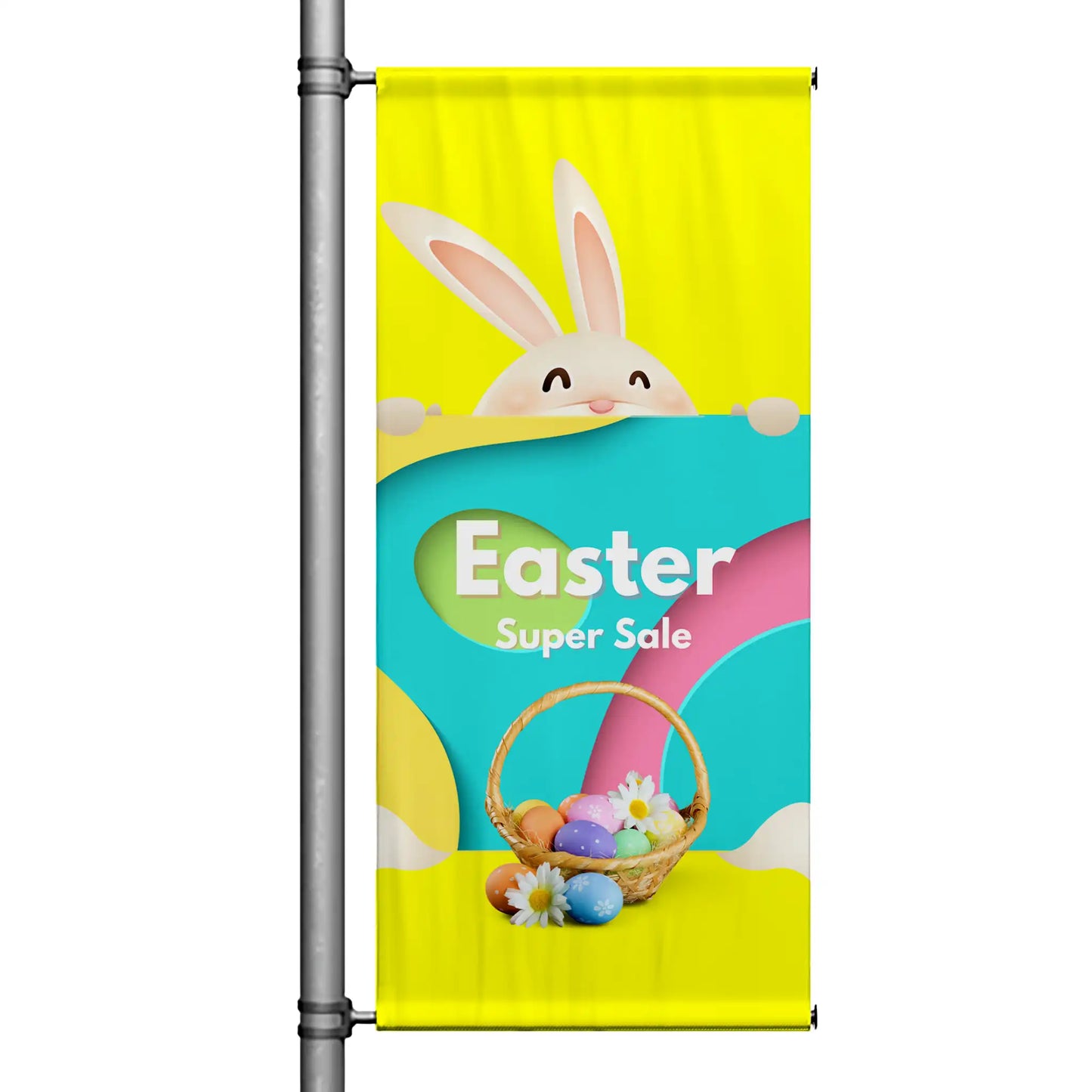 Easter Super Sale pole banner featuring cheerful bunny, colorful Easter eggs, and bright spring background