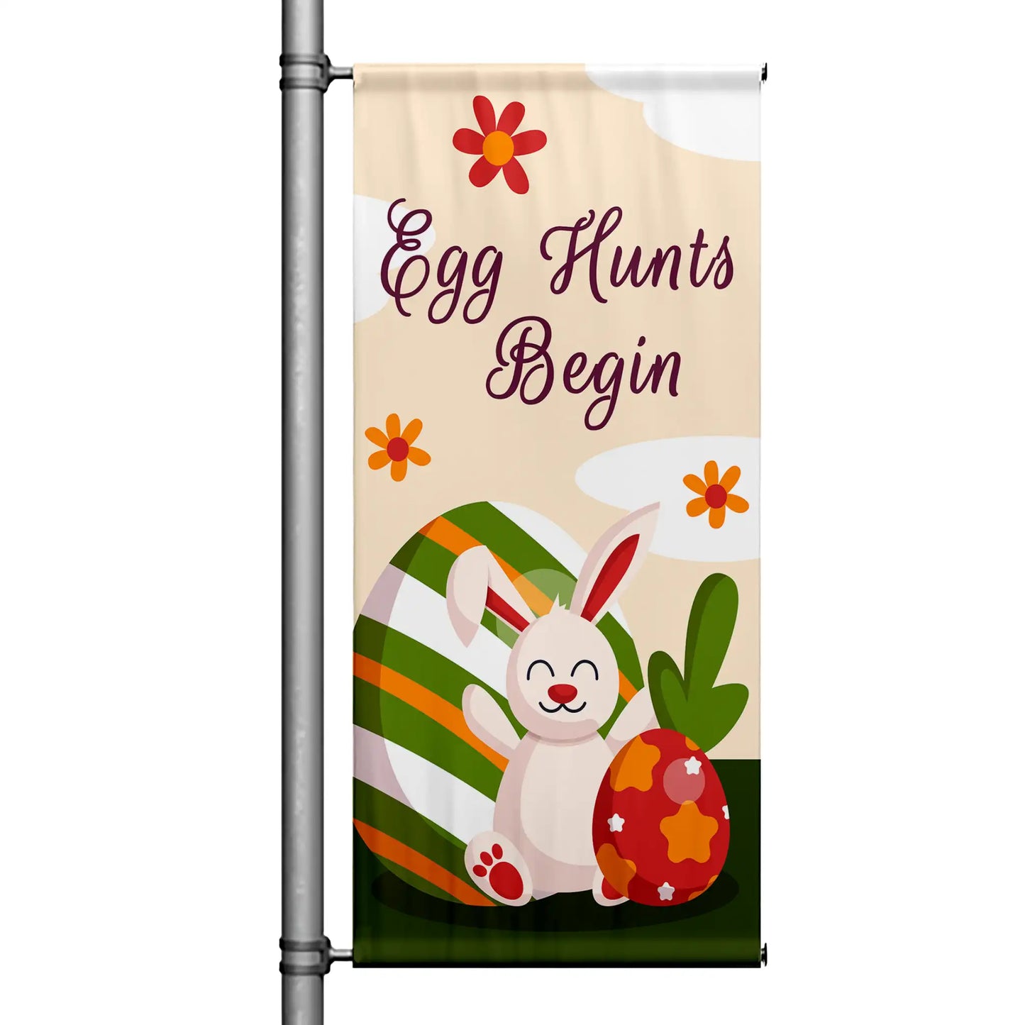 Egg Hunts Begin Easter pole banner with cream background, playful bunny illustration, colorful Easter eggs, and cheerful spring design