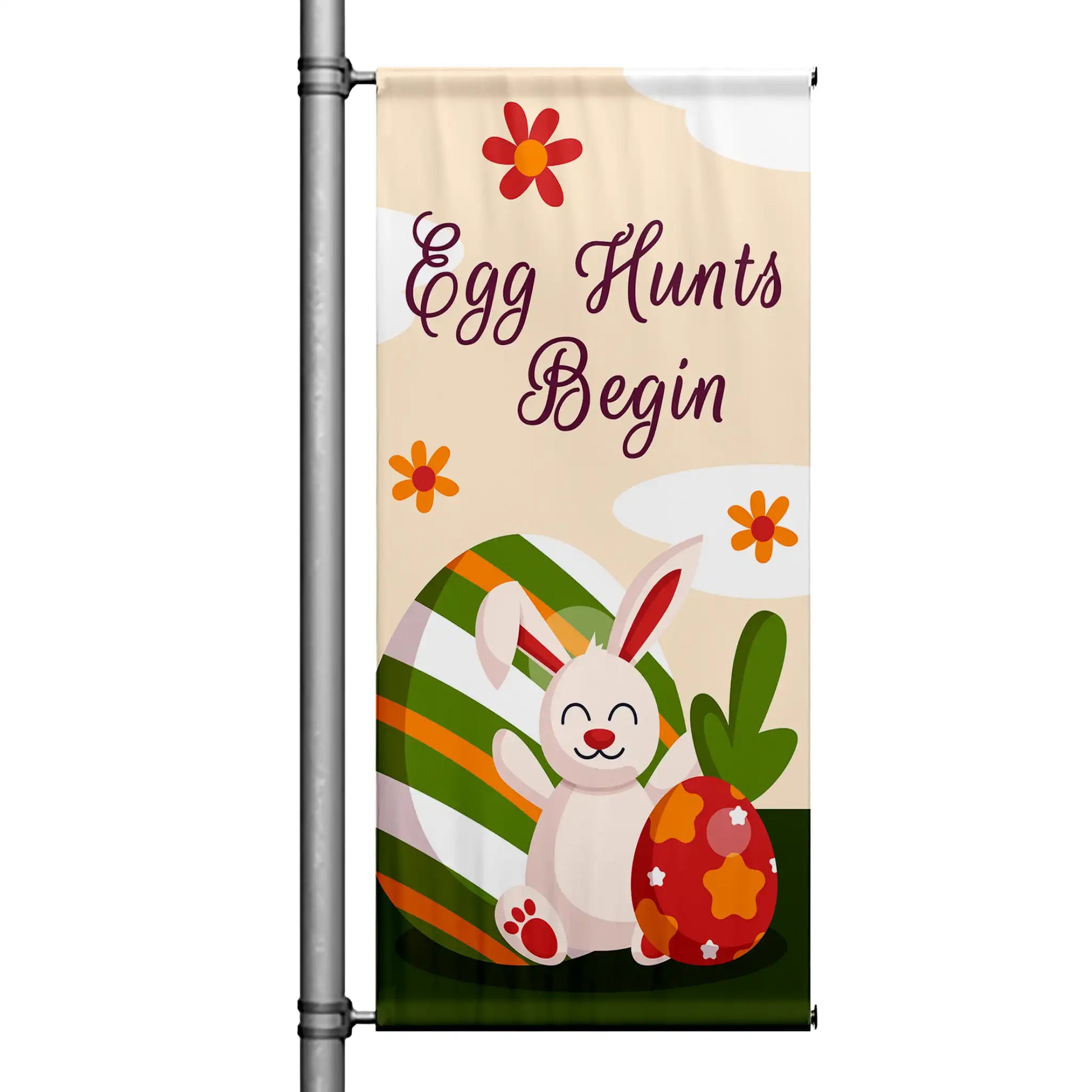 Egg Hunts Begin Easter pole banner with cream background, playful bunny illustration, colorful Easter eggs, and cheerful spring design