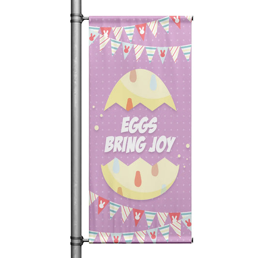 Eggs Bring Joy Easter pole banner with purple background, cracked egg illustration, pastel confetti, and festive bunting design