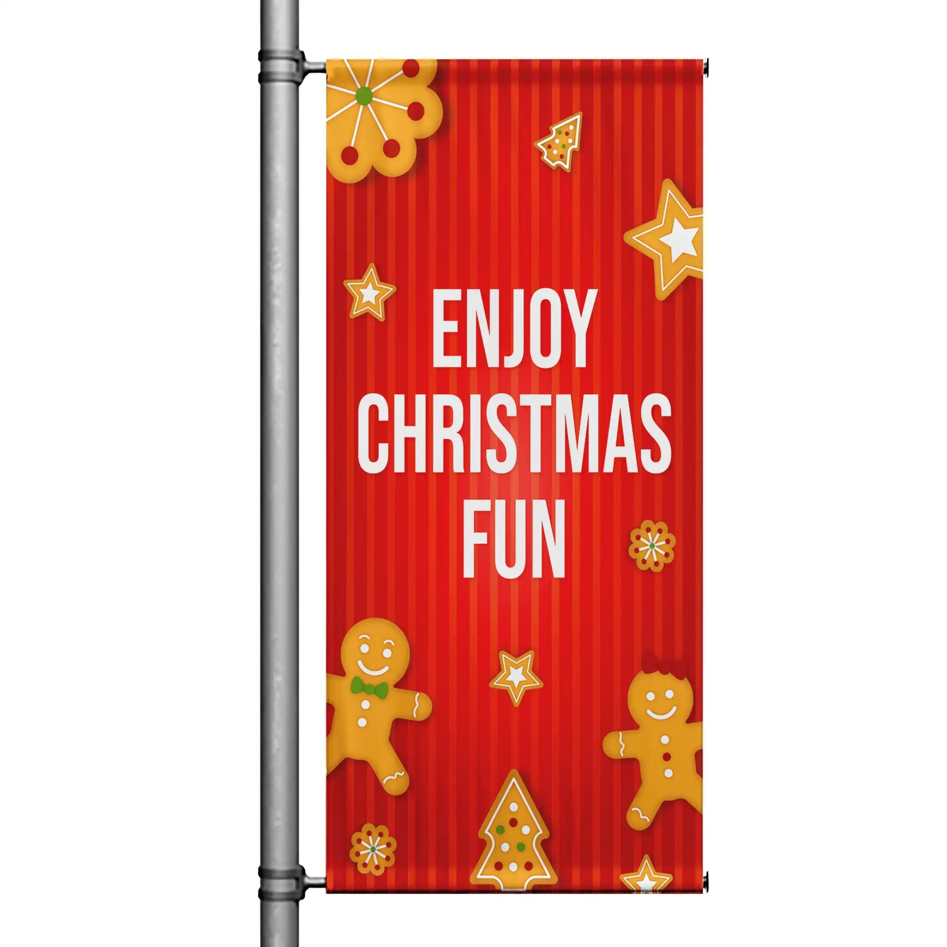 Enjoy Christmas Fun Christmas pole banner with red striped background, gingerbread cookies, stars, and festive holiday design