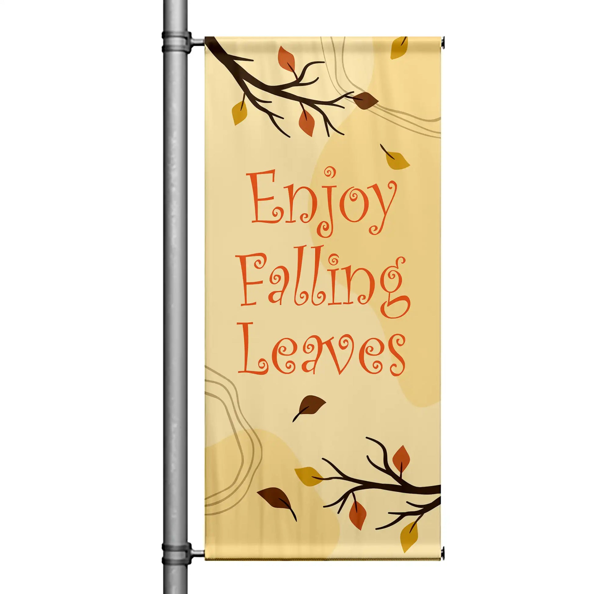 Enjoy Falling Leaves fall pole banner with cream background, flowing branch accents, and softly falling autumn leaves