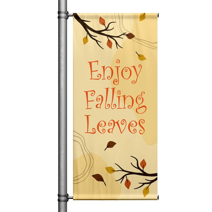 Enjoy Falling Leaves fall pole banner with cream background, flowing branch accents, and softly falling autumn leaves