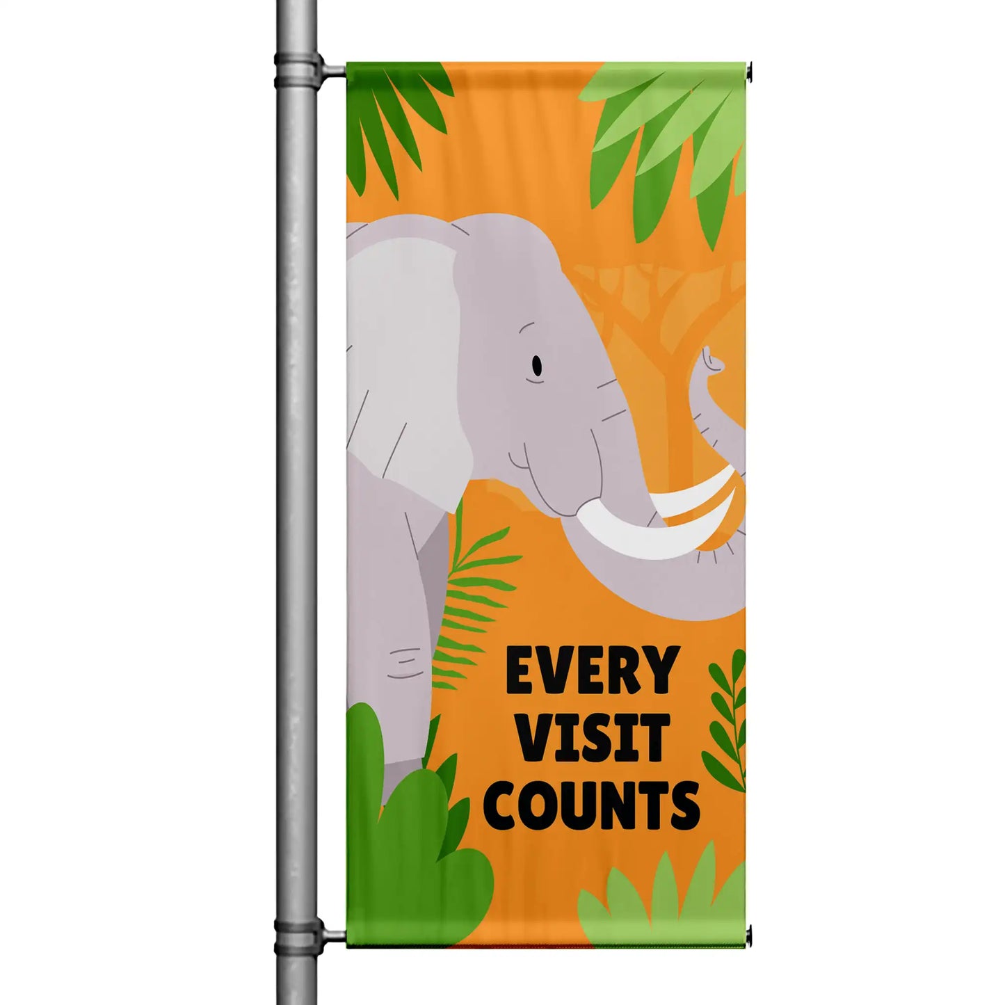 Every Visit Counts elephant pole banner with orange background and jungle leaves