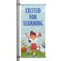 Excited for Learning school pole banner with light blue background, cheerful student illustration, and colorful school supplies