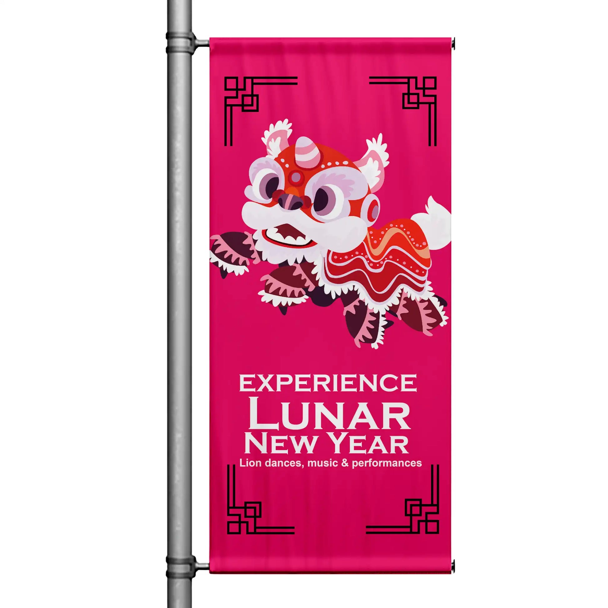 Experience Lunar New Year pole banner featuring festive lion dance illustration on bold red background with traditional decorative accents