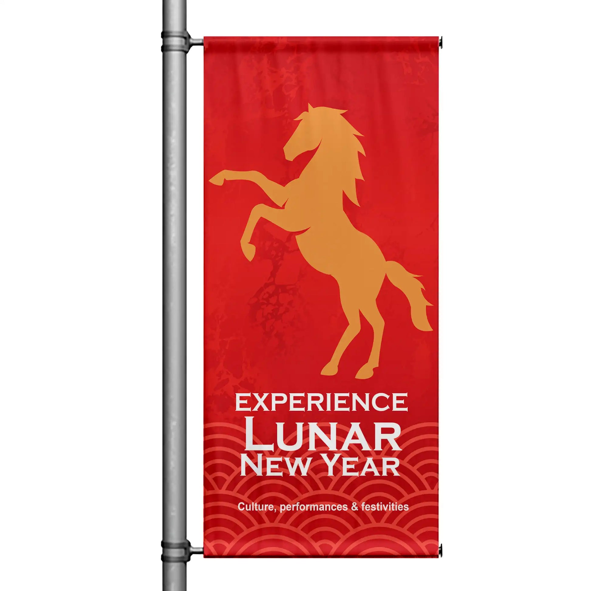 Experience Lunar New Year pole banner featuring gold horse silhouette on red background with festive wave pattern accents