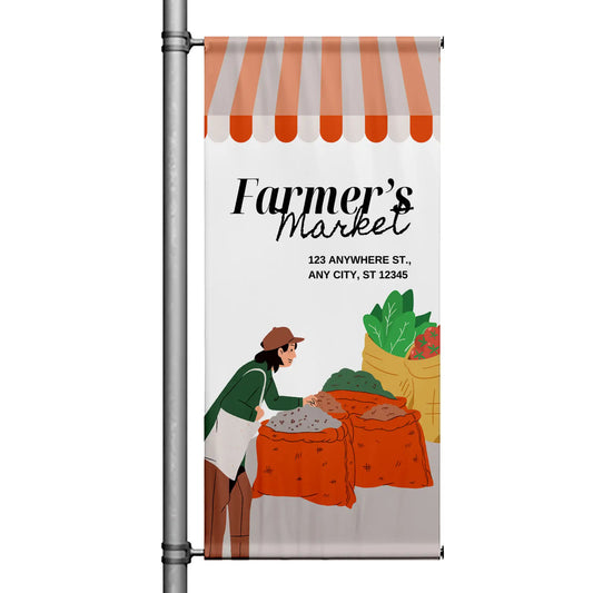 Farmers Market pole banner with illustrated vendor under orange awning, fresh produce sacks, and clean modern market design