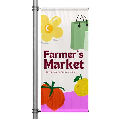 Farmer’s Market pole banner with cream background featuring illustrated produce, shopping bags, and Saturday market hours