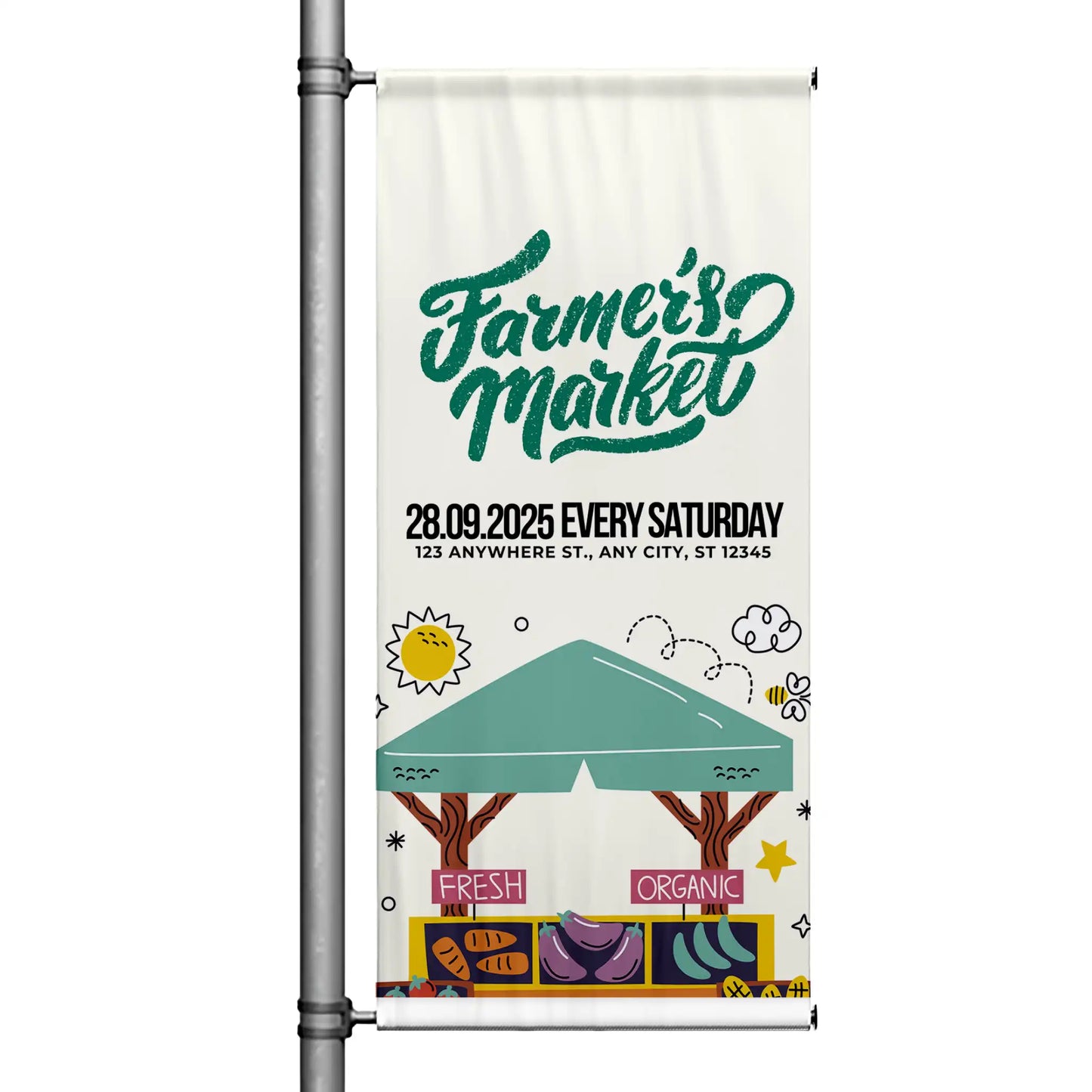 Farmers Market pole banner with cream background, green canopy illustration, fresh produce graphics, and weekly market event details