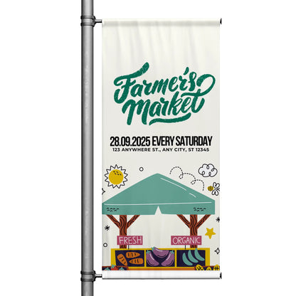 Farmers Market pole banner with cream background, green canopy illustration, fresh produce graphics, and weekly market event details