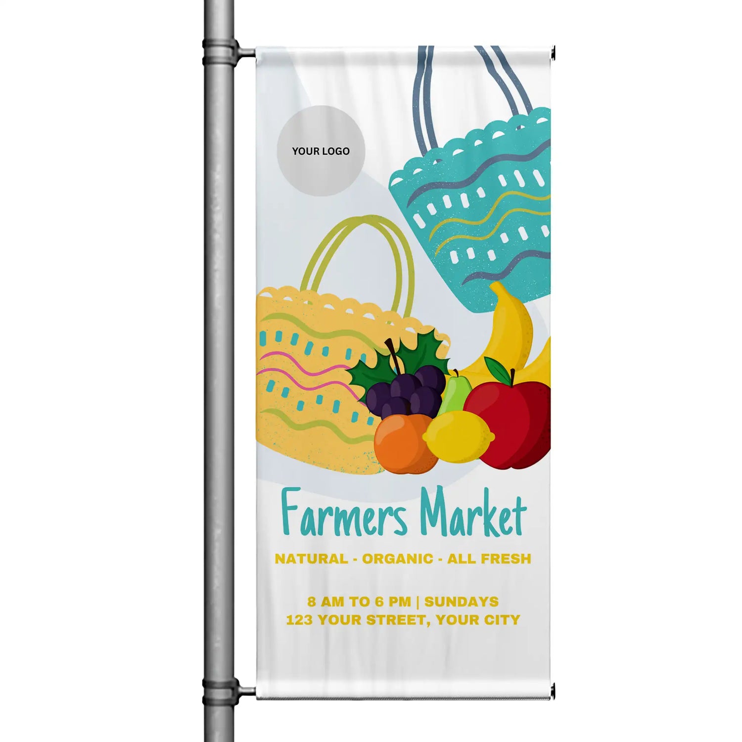 Farmers Market pole banner featuring illustrated grocery bags filled with fresh fruit, natural organic theme, and community market messaging