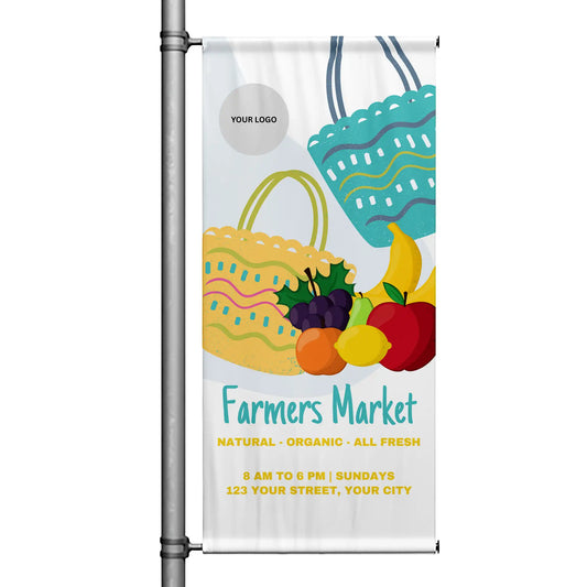 Farmers Market pole banner featuring illustrated grocery bags filled with fresh fruit, natural organic theme, and community market messaging