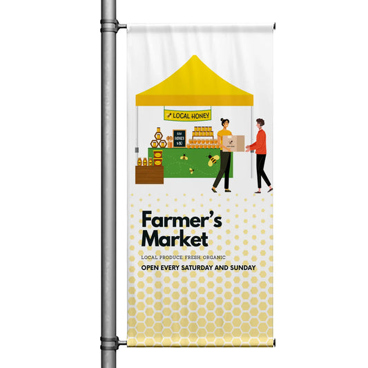 Farmer’s Market pole banner featuring local honey stand illustration with yellow canopy, honeycomb pattern, and fresh market message