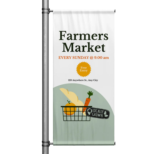 Farmers Market pole banner with cream background, classic typography, grocery basket illustration, and locally grown produce design
