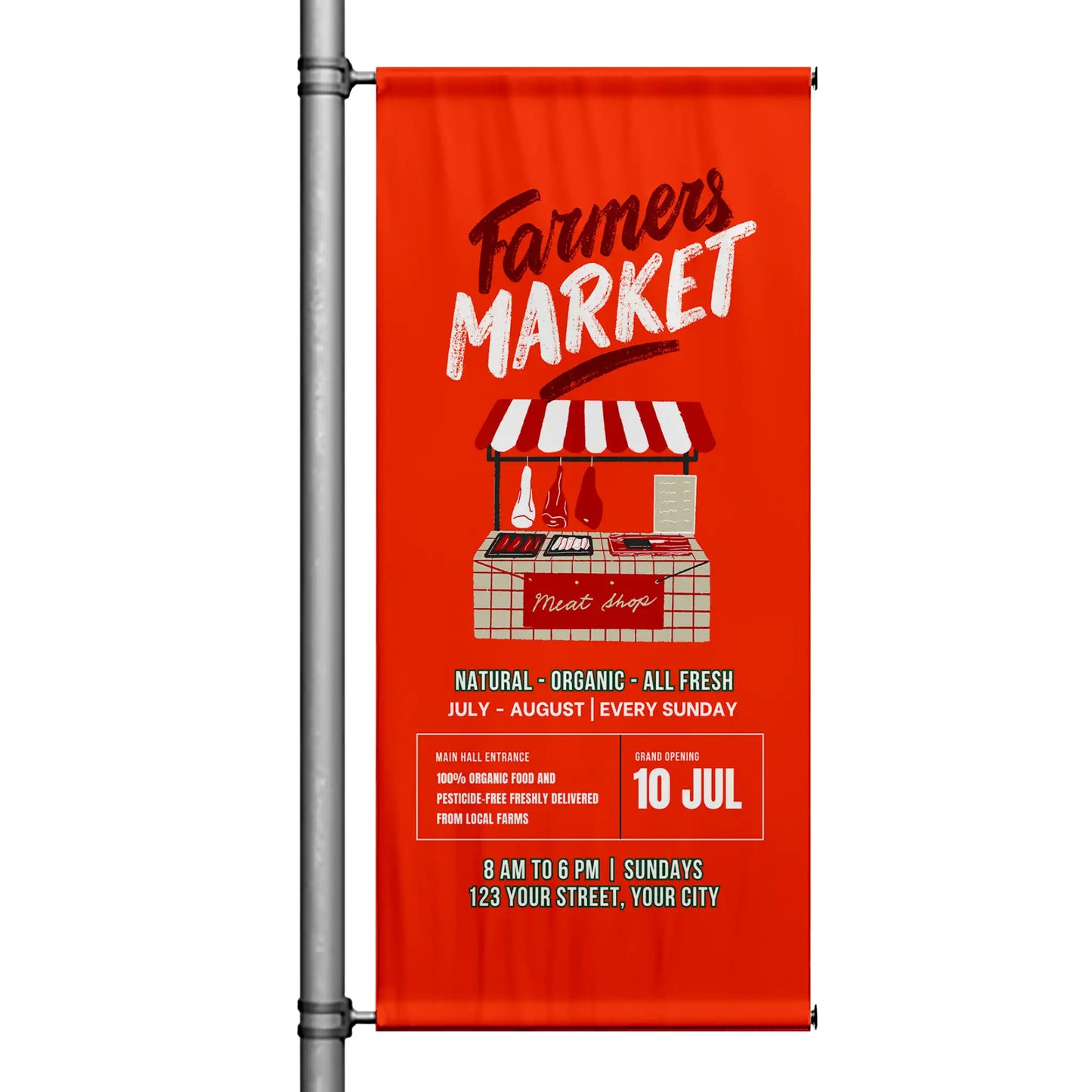 Farmers Market pole banner with bold red background, illustrated butcher shop stall, and vintage-style market typography