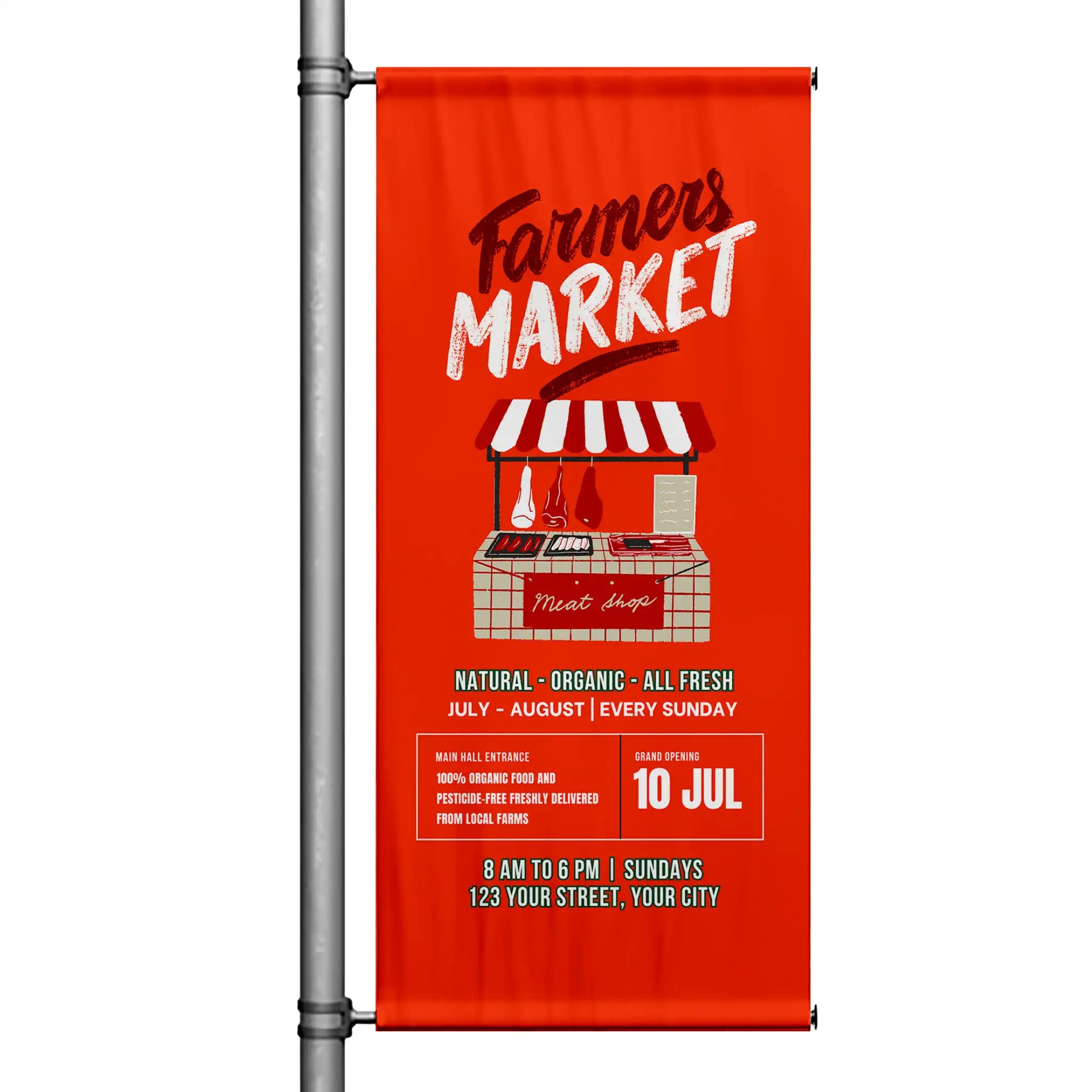 Farmers Market pole banner with bold red background, illustrated butcher shop stall, and vintage-style market typography
