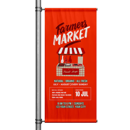 Farmers Market pole banner with bold red background, illustrated butcher shop stall, and vintage-style market typography