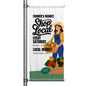 Farmer’s Market pole banner promoting shop local with illustrated vendor holding fresh produce and weekly market details